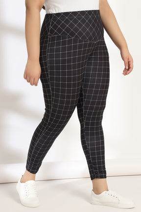 Black White Plaids Tummy Shaper Printed Leggings