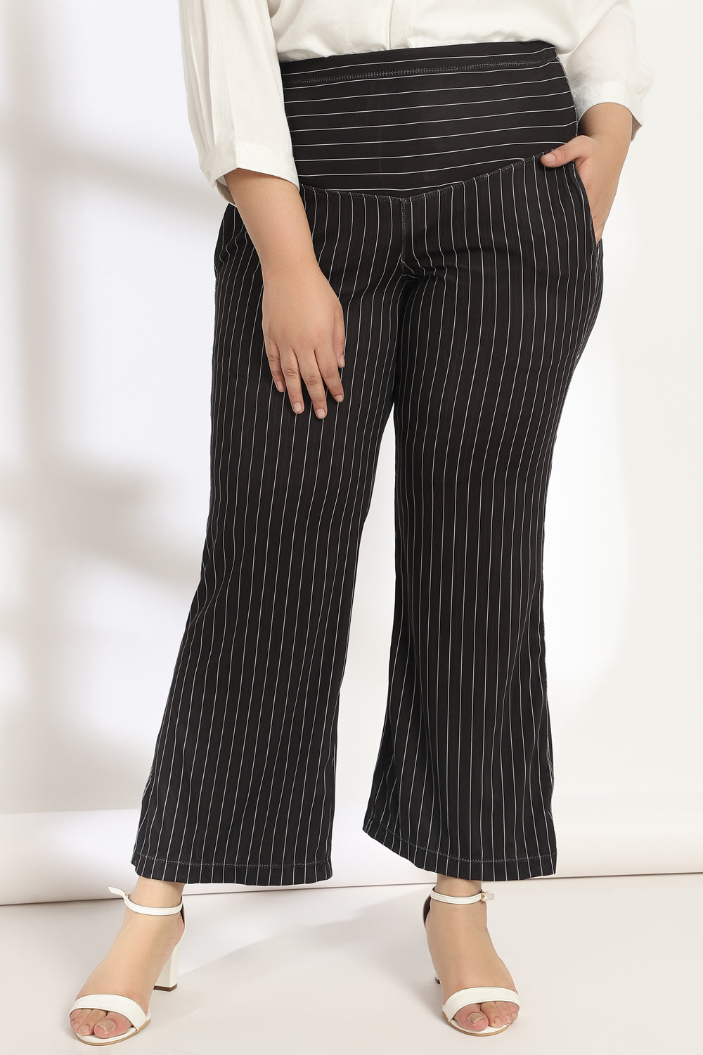 Comfortable Black Pin Stripes Tummy Shaper Printed Flare Pants