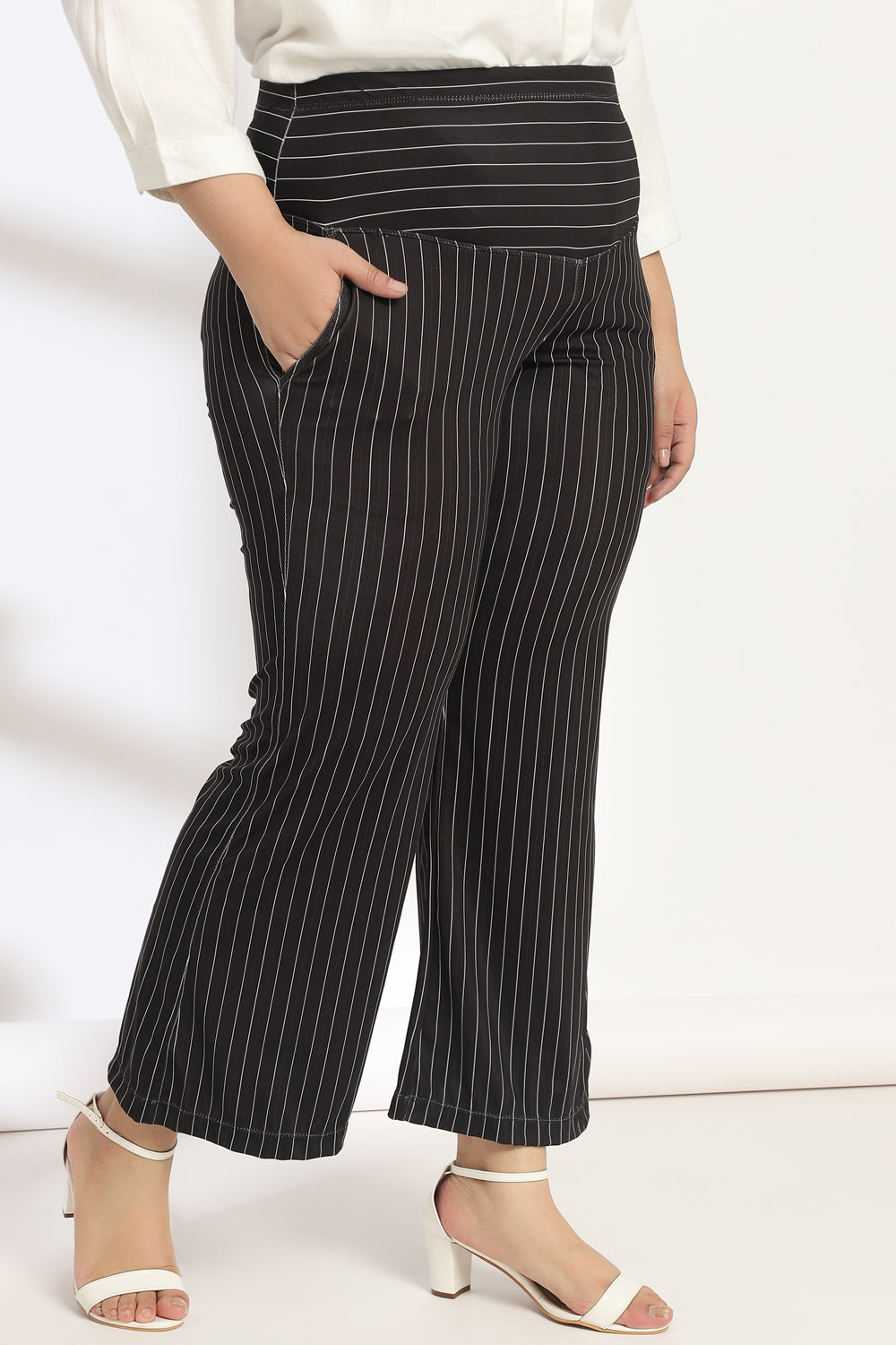 Black Pin Stripes Tummy Shaper Printed Flare Pants