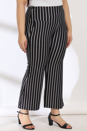 Black White Stripe Tummy Shaper Printed Flare Pants