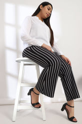 Black White Stripe Tummy Shaper Printed Flare Pants