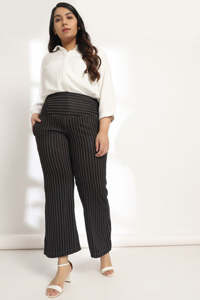 Black Pin Stripes Tummy Shaper Printed Flare Pants