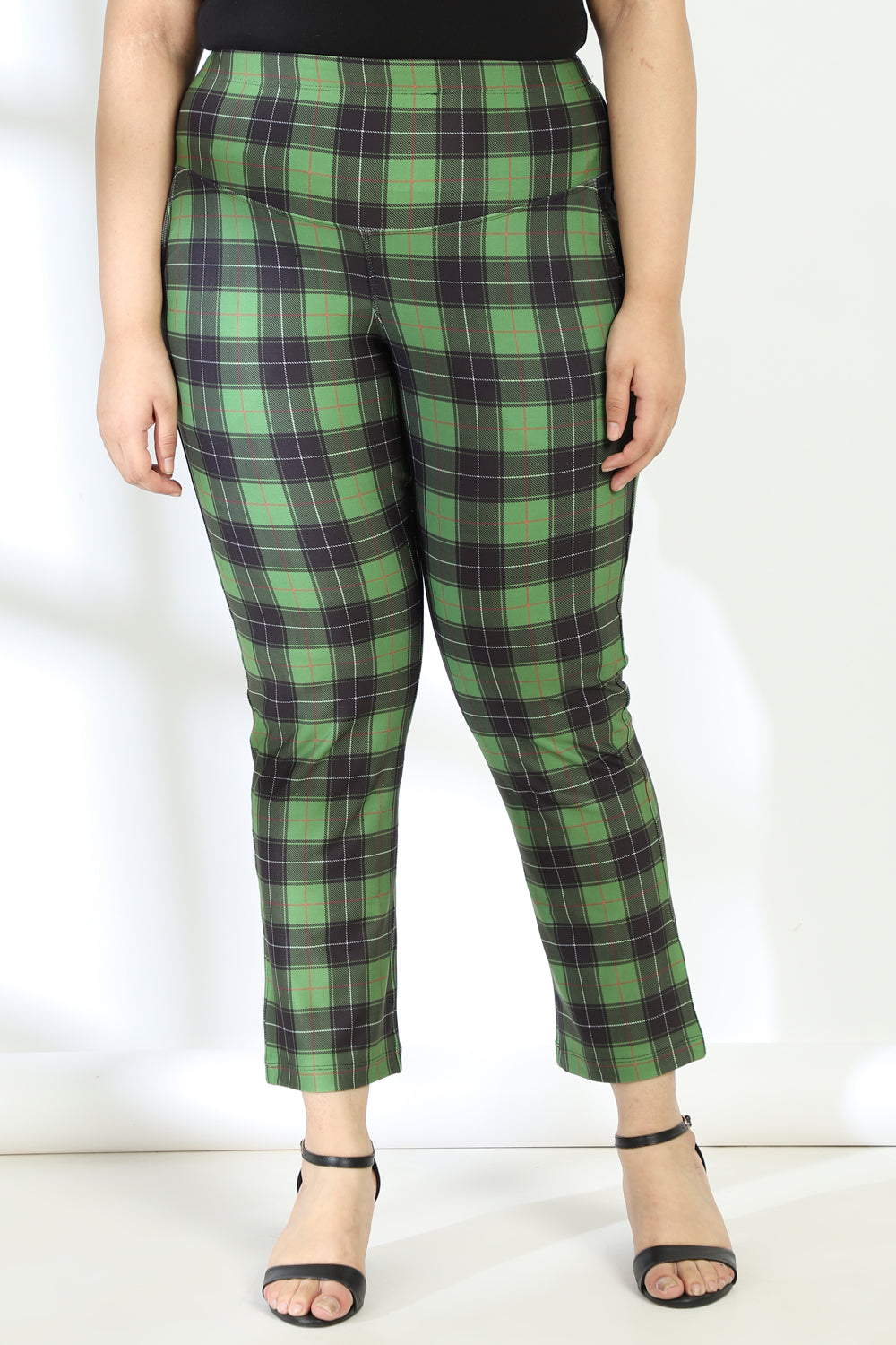 Buy Green Black Check Tummy Shaper Printed Pants