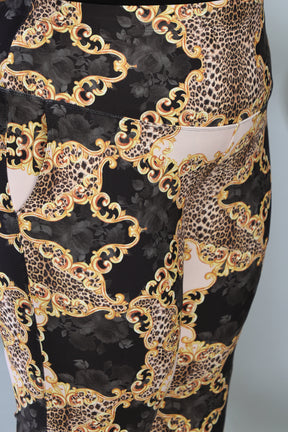 Gold Baroque Tummy Shaper Printed Flare Pants
