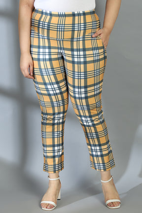 Yellow Check Tummy Shaper Printed Pants