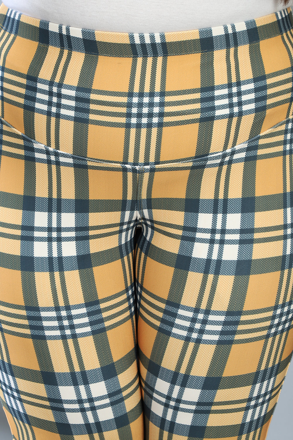 Yellow Check Tummy Shaper Printed Pants
