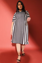 Black White Stripe Printed Polo Dress
