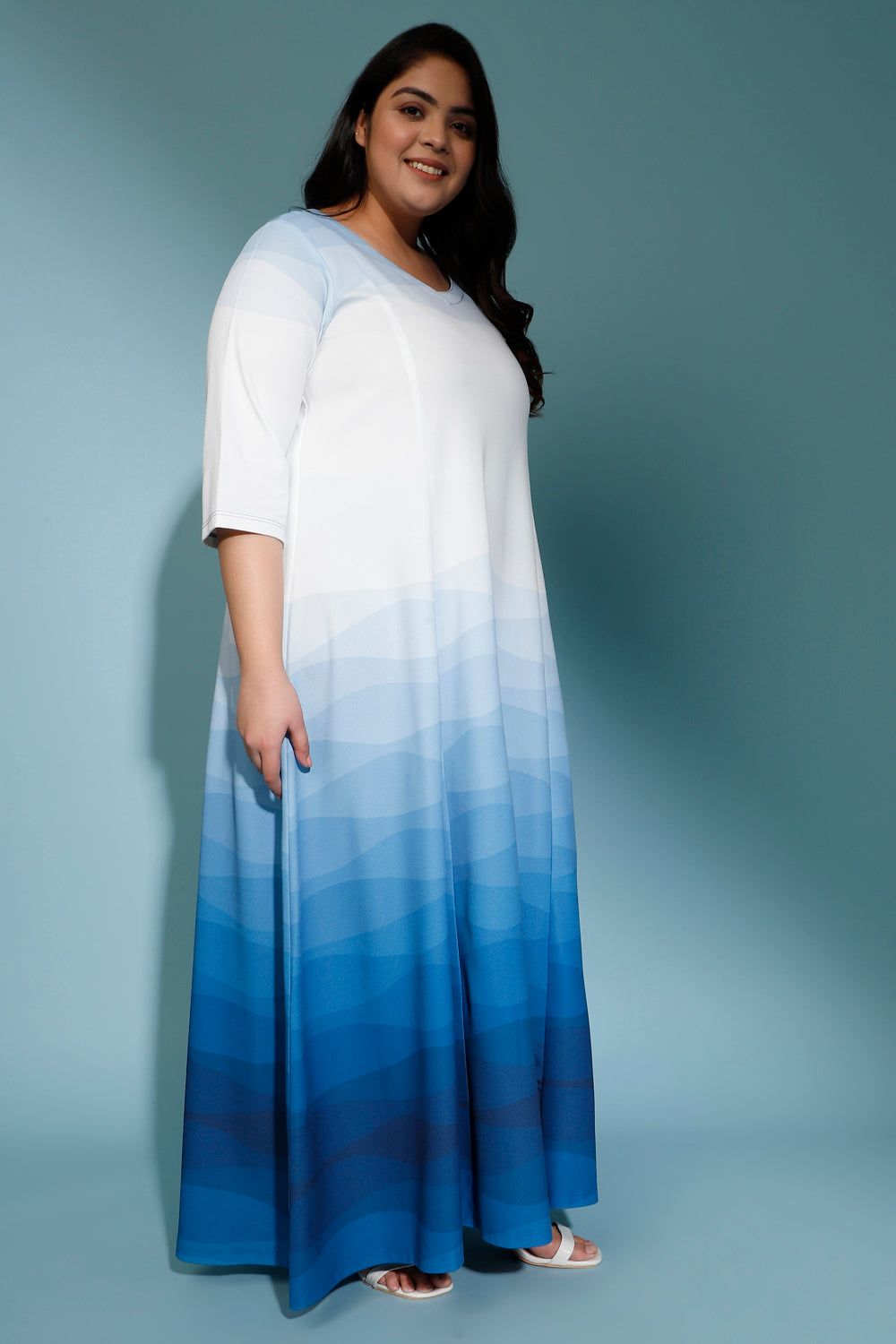 Buy Comfy White Blue Maxi Dress For Plus Size Online