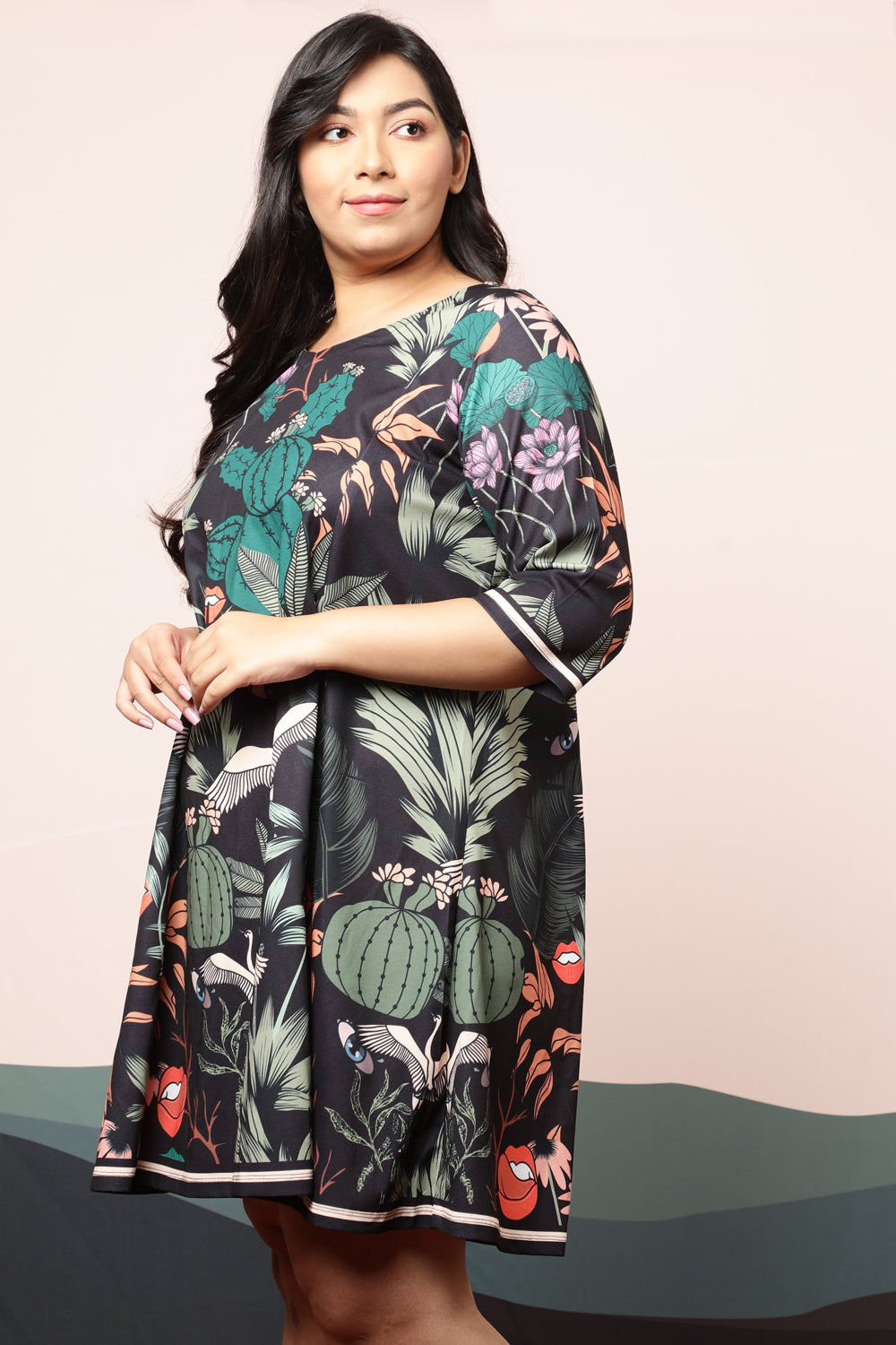 Plus Size Quirky Wildlife Black Printed Dress for Women