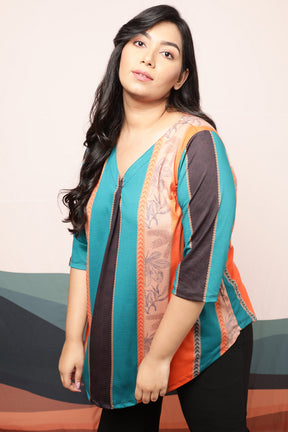 Plus Size Ethnic Striped Centre Pleat Top