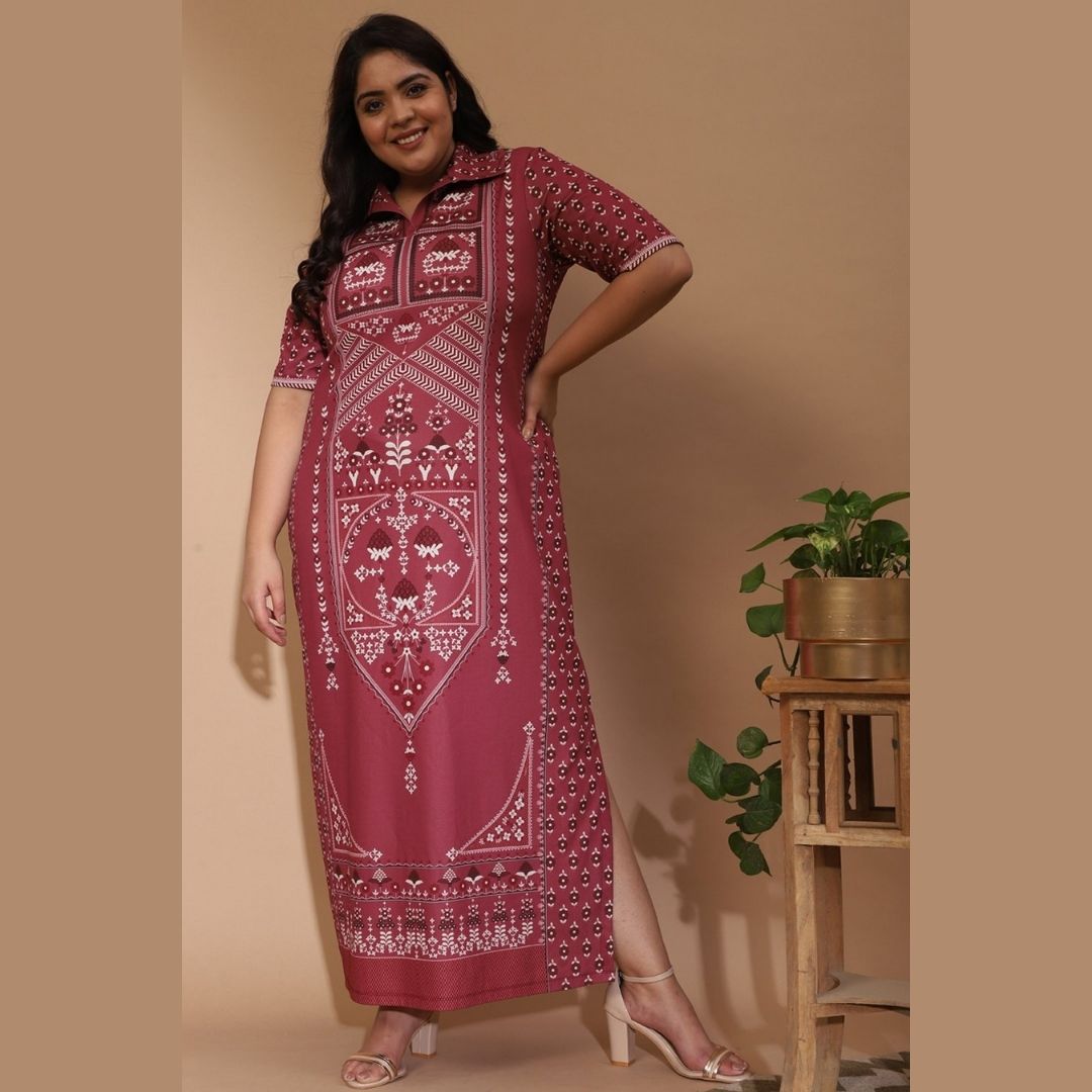 Comfortable Raabta Indian Ethnic Print Dusty Pink Long Dress With Side Slit