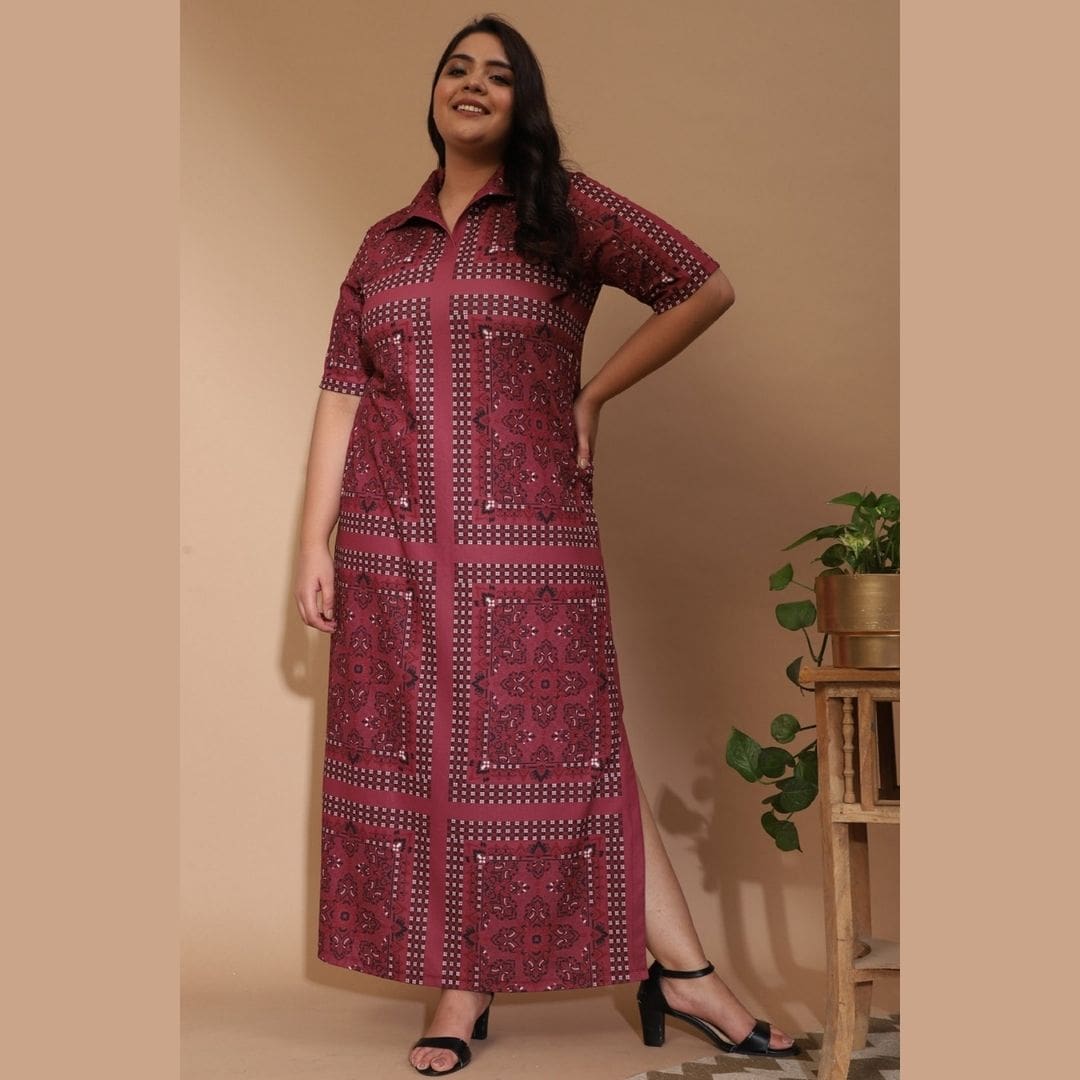 Comfortable Dusty Pink Ethnic Scarf Print Side Slit Long Dress
