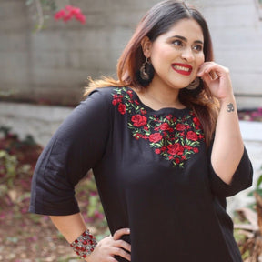 Black Neckline Floral Embroidery Kurti