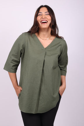 Olive Cotton Linen Centre Pleat Top
